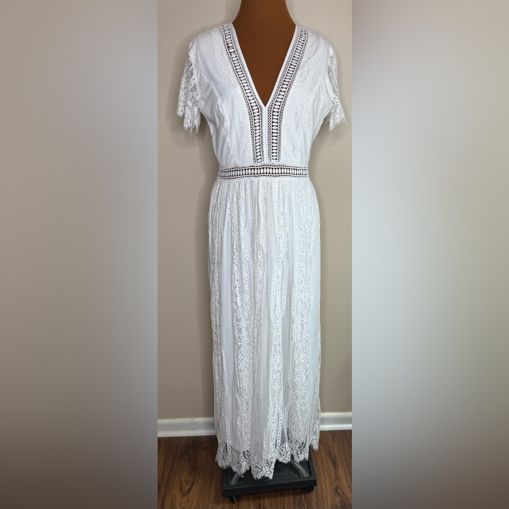 White V Neck Short Sleeve Floral Lace Wedding Bridesmaid Maxi Dress Small - Picture 2 of 10